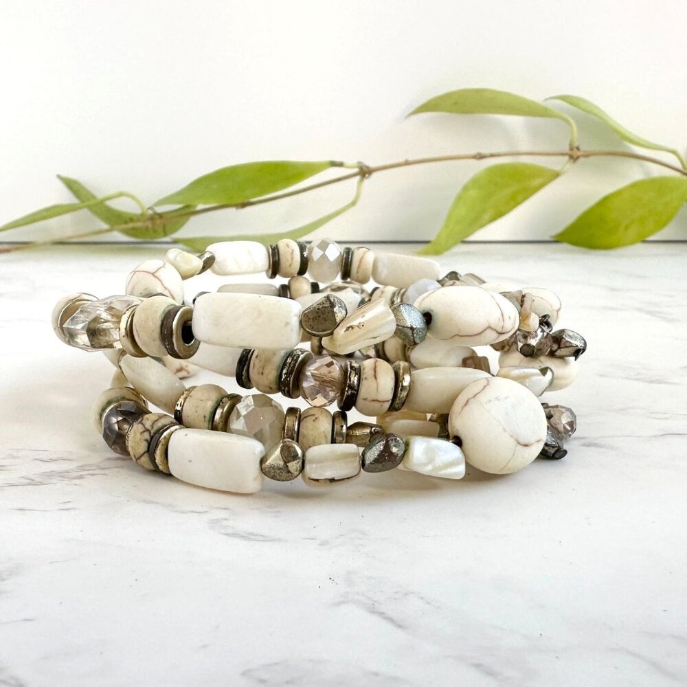 Boho White Stone Memory Wire Bracelet, Rustic Southwest Wrap Bracelet
